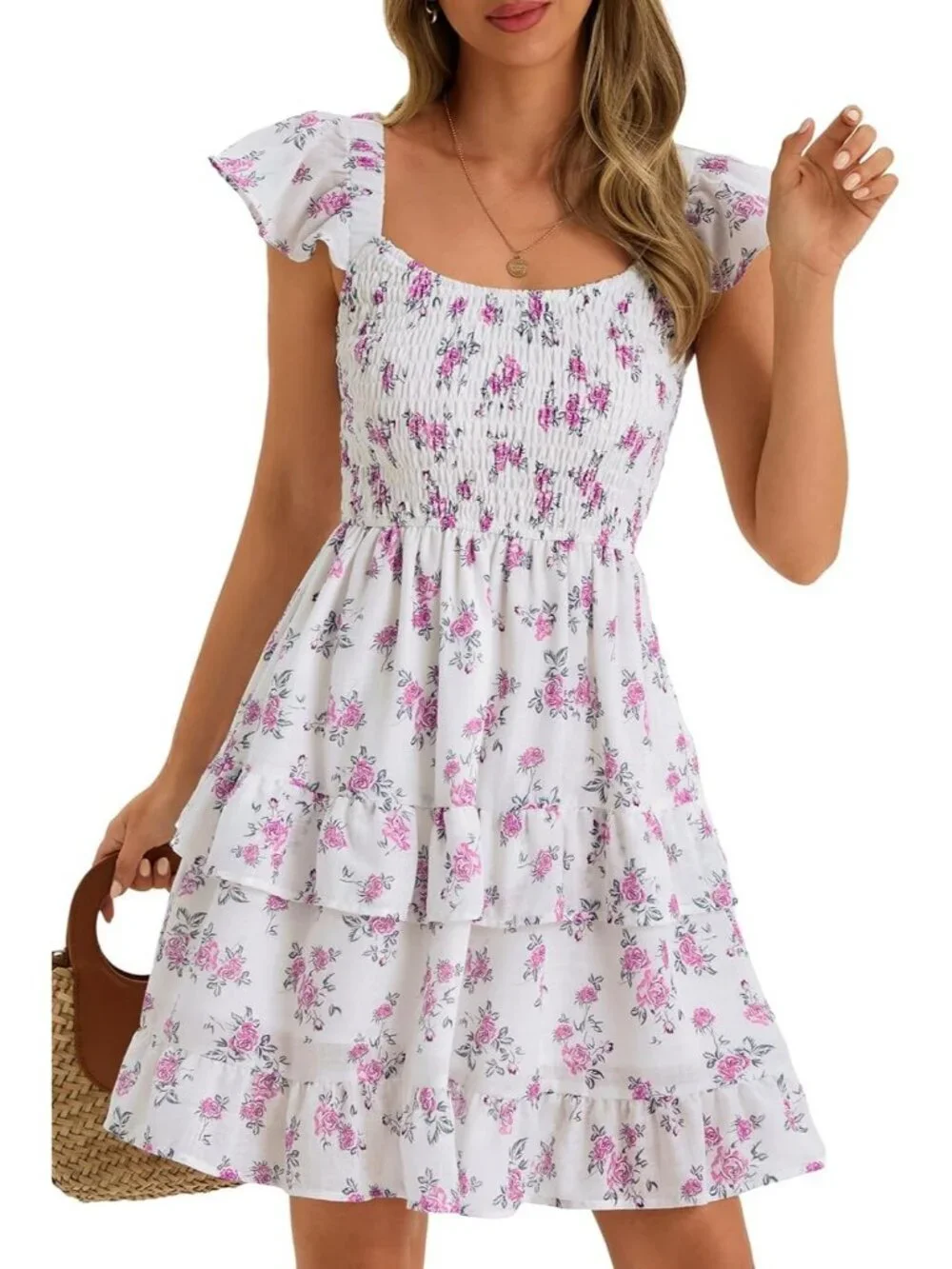 Women's Summer Dress Boho White Smocked Ruffle Sun Beach Mini Swing Dress
